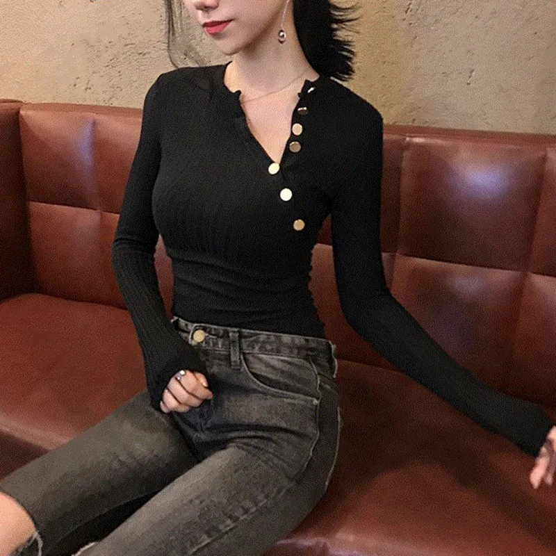 Сексуальная тонкая Базовая футболка с v образным вырезом модная Осенняя женская