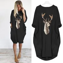 Plus tamanho vestido feminino casual solto topos elk printting vestido de verão outono inverno senhoras o pescoço longo bolso vestidos de natal (3)
