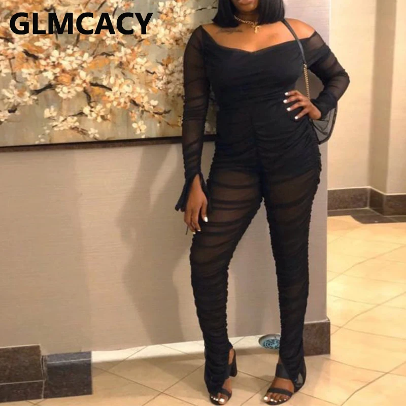 

Women Long Sleeve Mesh Jumpsuits Sexy See Through Party Club Outfits Jumpsuit