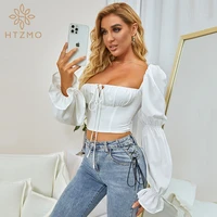 htzmo white blouses summer women pull long sleeve square neck ruched drawstring lace up tops street club sweet chic shirt 2021