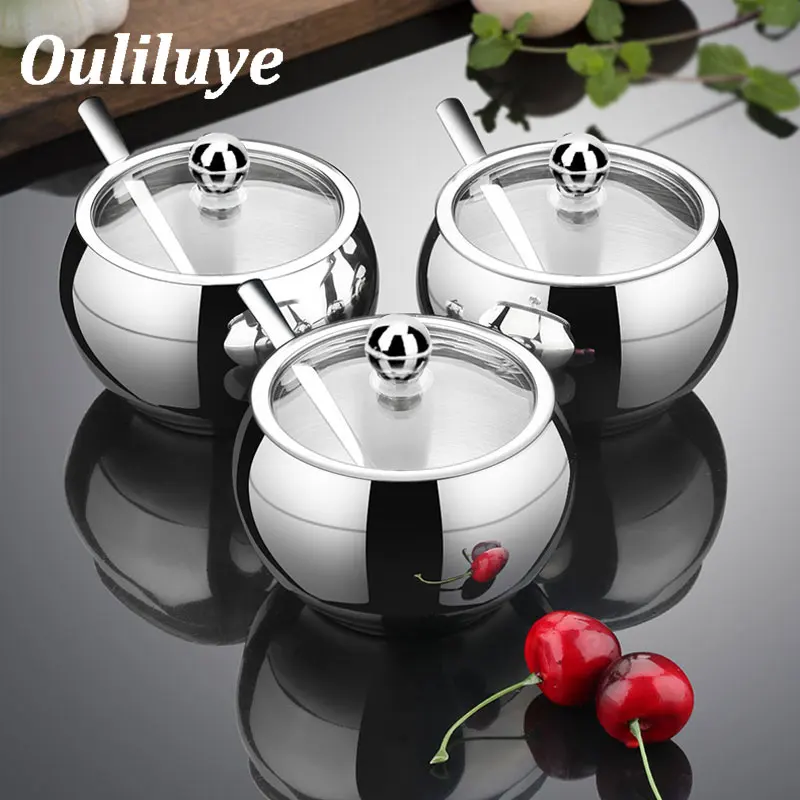 Кухонная сахарница из нержавеющей стали с крышкой и ложкой переносная коробка