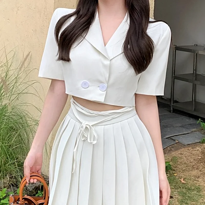 Fashion Short-sleeved Suit Jacket Women's Short Small Suit 2023 Summer Loose Tie High Waist Top Sexy Skirt Office Clothes Women
