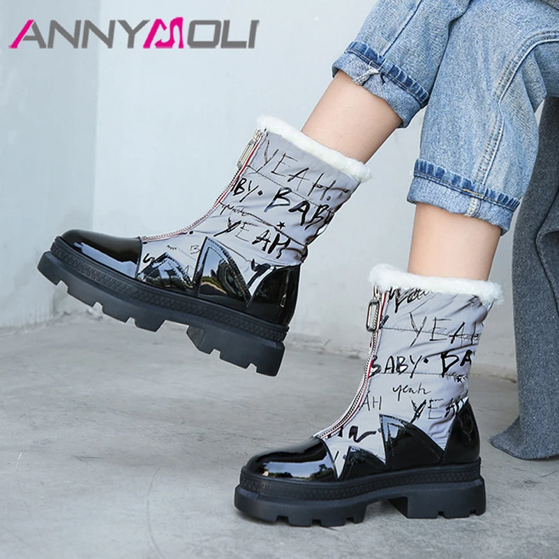 

Женские ботинки на высоком каблуке ANNYMOLI, серебристые ботильоны из натуральной кожи на платформе и толстом каблуке, теплые зимние ботинки на...