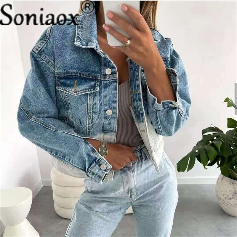 

Womens Casual Denim Jacket 2021 Autumn Winter Street Trendy Jean Jacket Lapel Loose Fit Hit Color Fashion Long Sleeve Short Coat