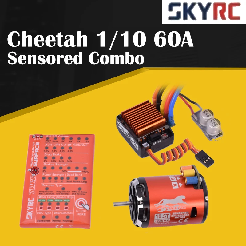 

SkyRC Cheetah 1/10 60A Sensored ESC + Cheetah 10.5T 3250KV/ Brushless Motor Program Card Combo Power System for 1/10 1/12 RC Car