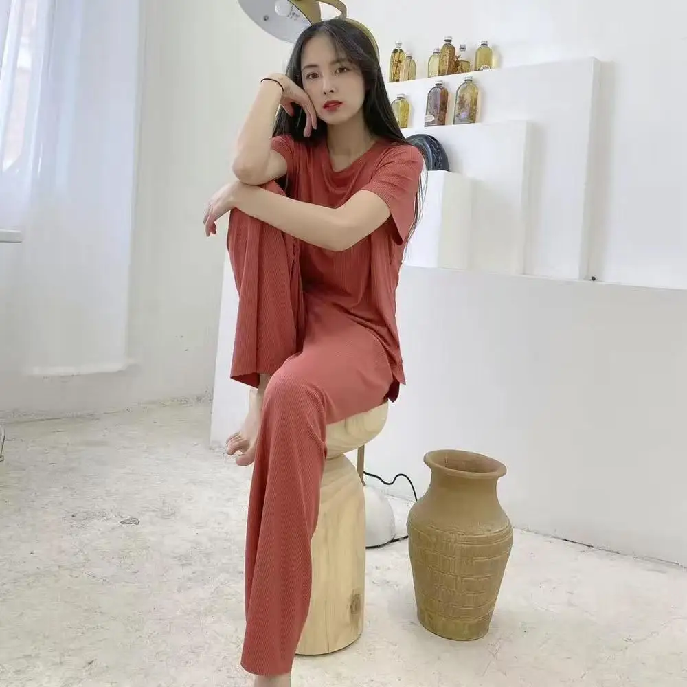 

Casual Loose Homewear For Women Modal Summer Autumn Sleepwear Short Sleeve Top Long Pant Plus Size Pajamas Female Pyjama