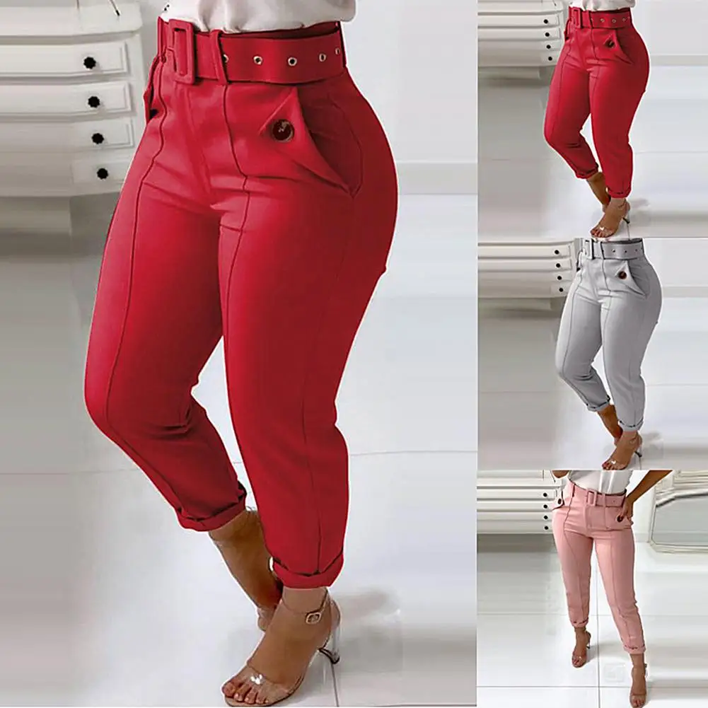 

Women Pants Fashion Women Solid Color High Waist Button Belt Elastic Pants Skinny Trousers Pants For Women