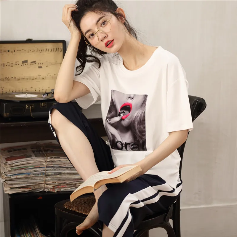 Pajamas Women's Spring Summer Cotton Short Sleeve Capris Fresh Sweet Home Clothes Lady Sleepwear Female Nightwear Lounge Sets