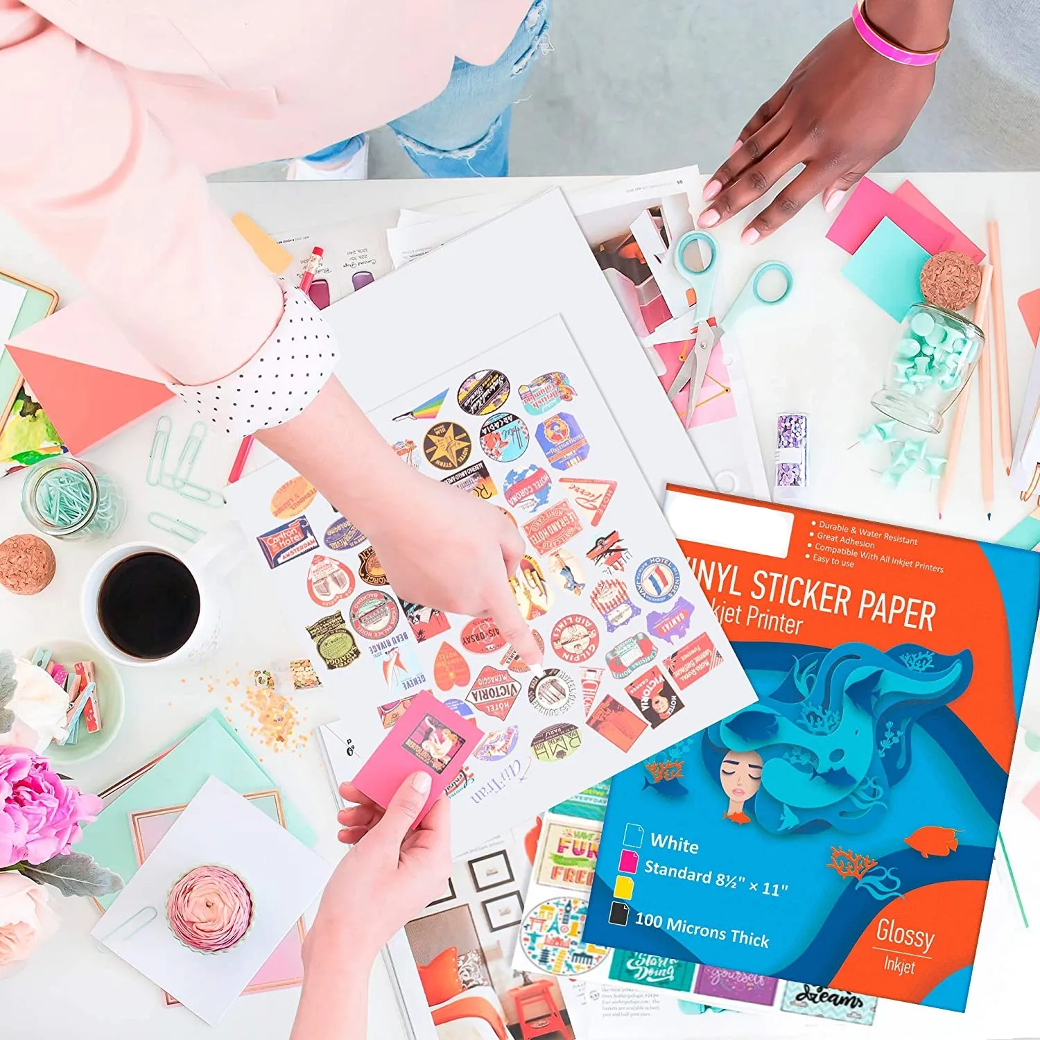 50 листов A4 винил Стикеры Бумага для струйных принтеров Глянцевая белая Self