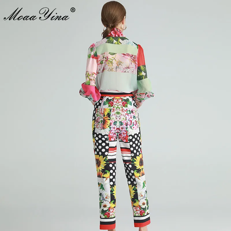 

MoaaYina Fashion Set Summer Women's Long sleeve Floral Print Blouses Tops+Trousers Vacation Two-piece set