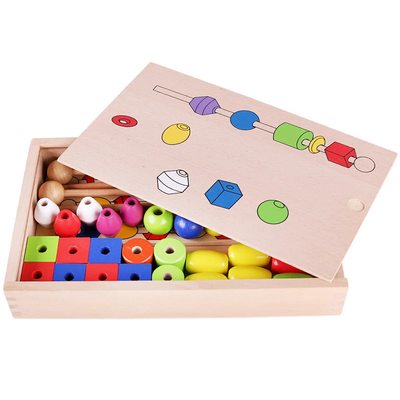 Montessori Early Learning Puzzle Beaded Box Children's Enlightenment Fine Action Training Wooden Stick Rope Wearing Toys | Игрушки и