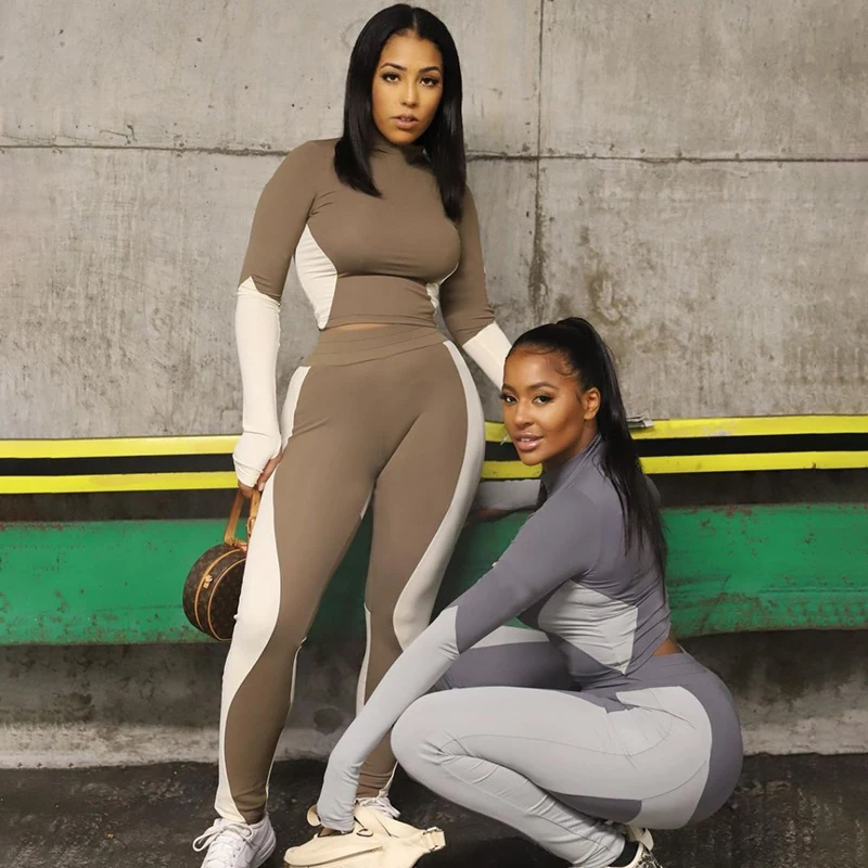 

BIIKPIIK Contast Color Women Two Piece Sets Jogging Suits Sportwear Female Long Sleeve Autumn Workout Zipper Activewear Clothing