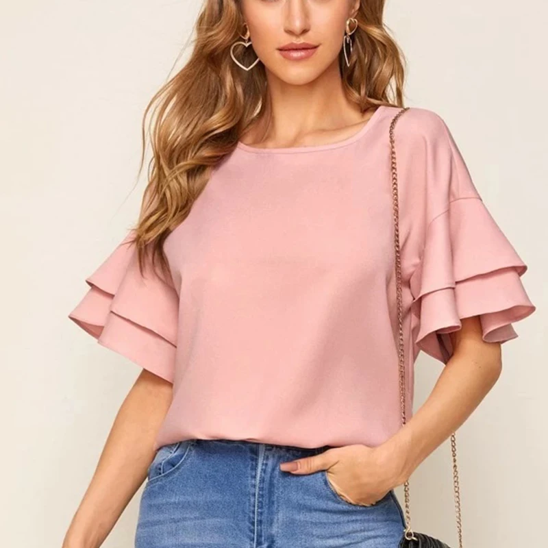

Женские Летние шифоновые блузки с коротким рукавом размера плюс Blusas Femininas; Элегантная повседневная рубашка с круглым вырезом, топ, блузка,