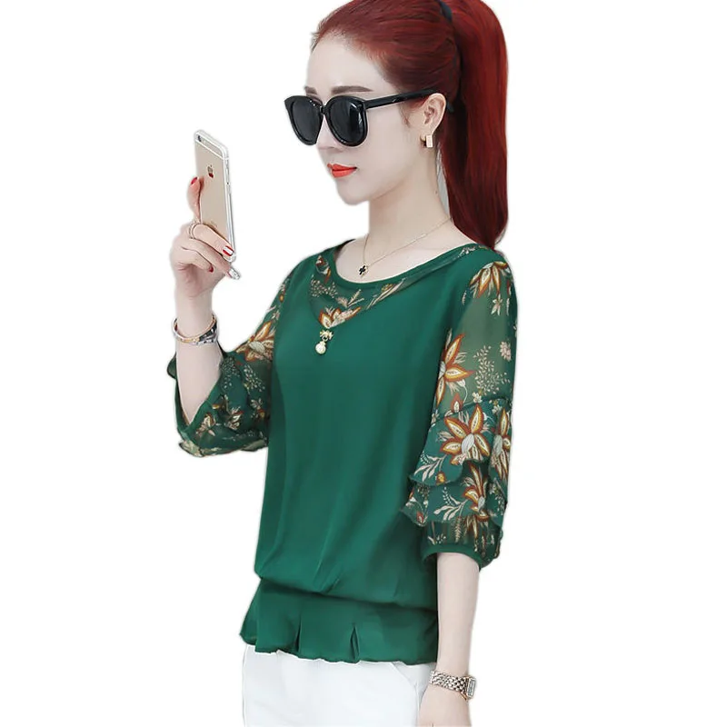 Women Spring Summer Style Chiffon Blouses Shirts Lady Casual Half Sleeve Patchwork Blusas Tops DF2839 | Женская одежда