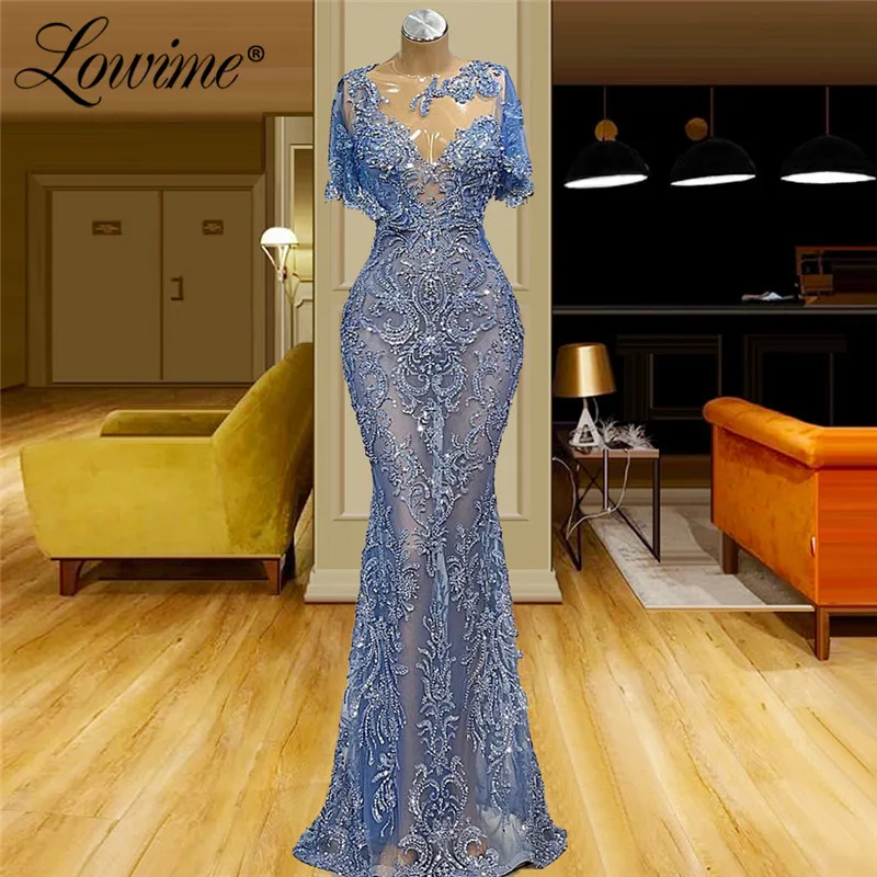 

Lowime Illusion Lace Women Evening Dress 2021 New Arrival Short Sleeves Mermaid Long Party Gowns Arabic Beaded Prom Dress Gowns