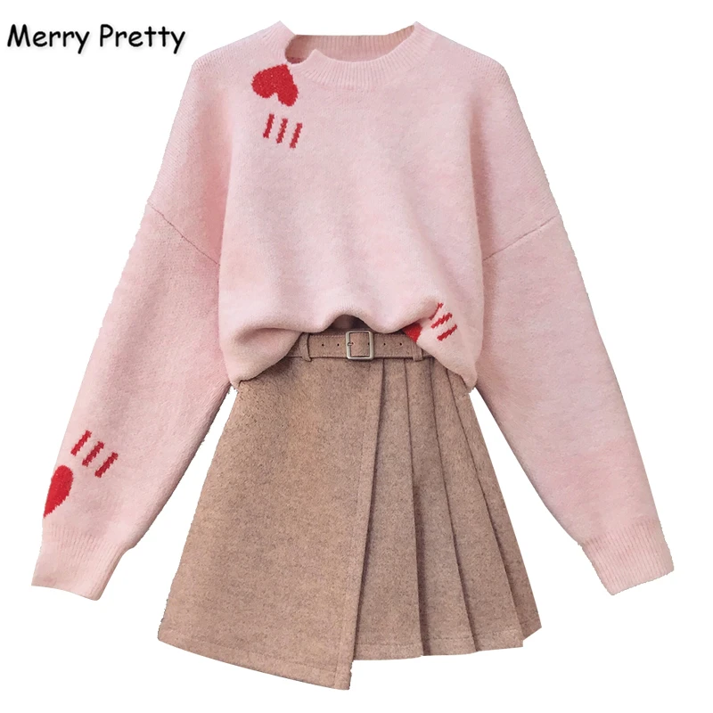 

Women's Woolen Sets Knitted Sweaters And Sashes Pleated Skirts 2021 New Plus Size 4XL Two Piece Set MERRY PRETTY