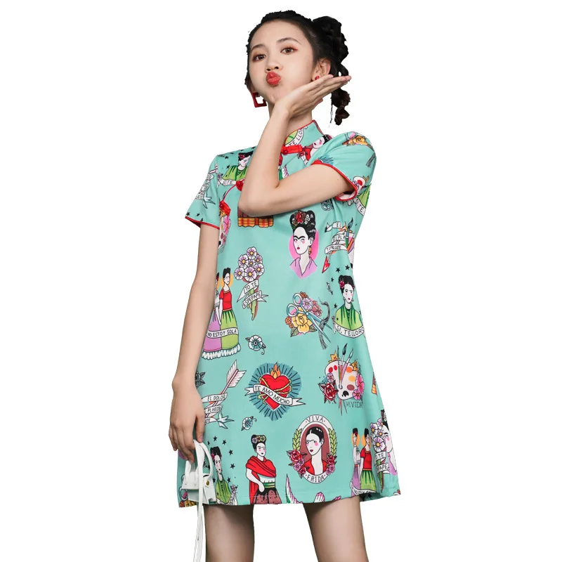 

Summer New Female Cheongsam Young Girl Chinese Style Small Short Sleeve Printed Retro Dress