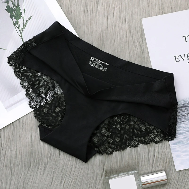 

New Women Sexy Panties Ice Silk Seamless Briefs Lace Briefs Lingerie Comfortable Low Waist Underpants Female Intimates XXL