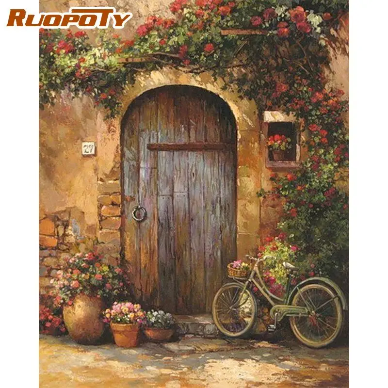 

RUOPOTY Painting By Number Kits For Kids Bike Flower Door Oil Picture By Number HandPainted Unique Gift Modern Home Wall Decors
