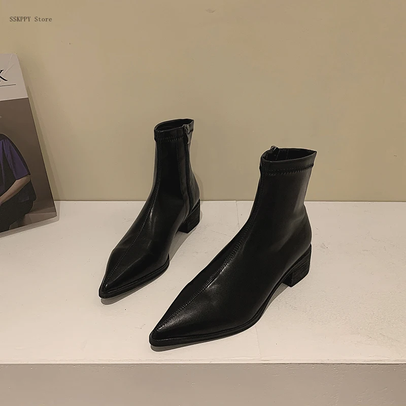 2021 Summer Spot Women's Viscose Shoes Low Tube One Size Pointed Chelsea Boots Skin Color short Boots Thick Heels