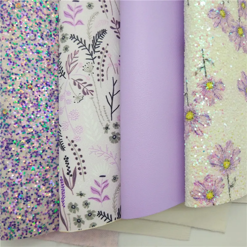 Листы из искусственной кожи с фиолетовыми блестками и цветочным принтом 21x29 см |