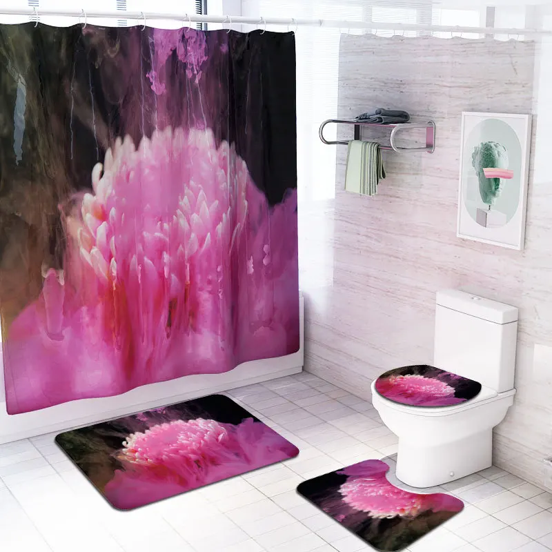 

Flower series Shower Curtain And Bath Mat set Rug Toilet Lid Cover Toilet Polyester Cover Shower Curtain Sets With Rug