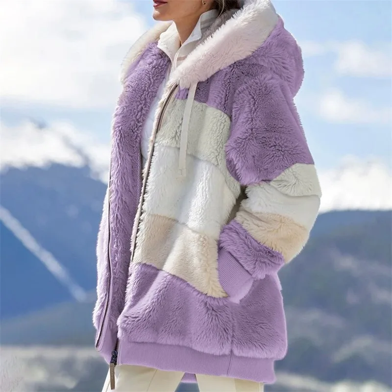 

Winter Women's Coat Fashion Casual Stitching Plaid Ladies Clothes Hooded Zipper Ladies Coat Plush Women Jacket 2021 New