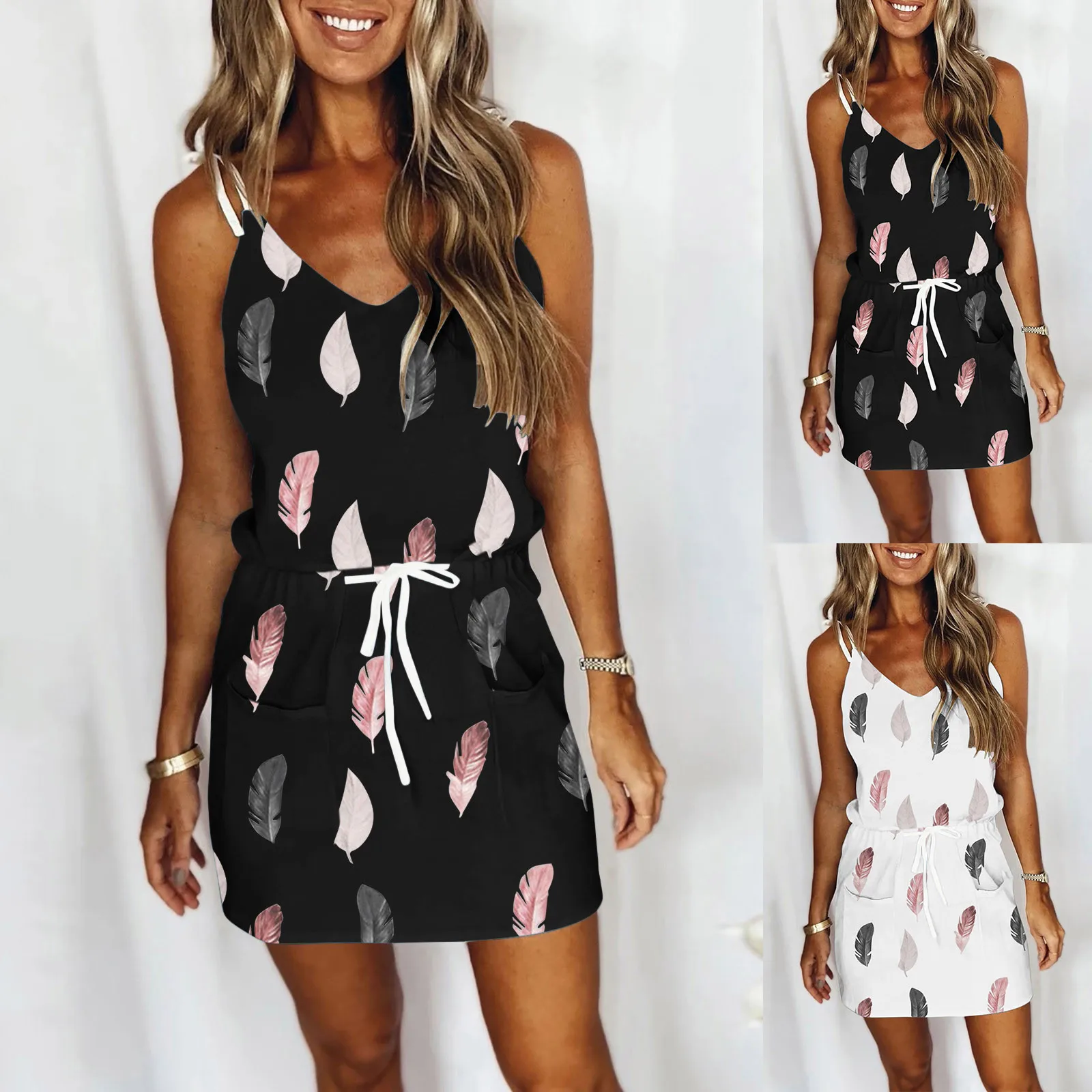 

66# Sundresses Women's Fashion Casual V-neck Sleeveless Strap Open Back Sexy Print Loose Dress Summer Beach Dress Платье