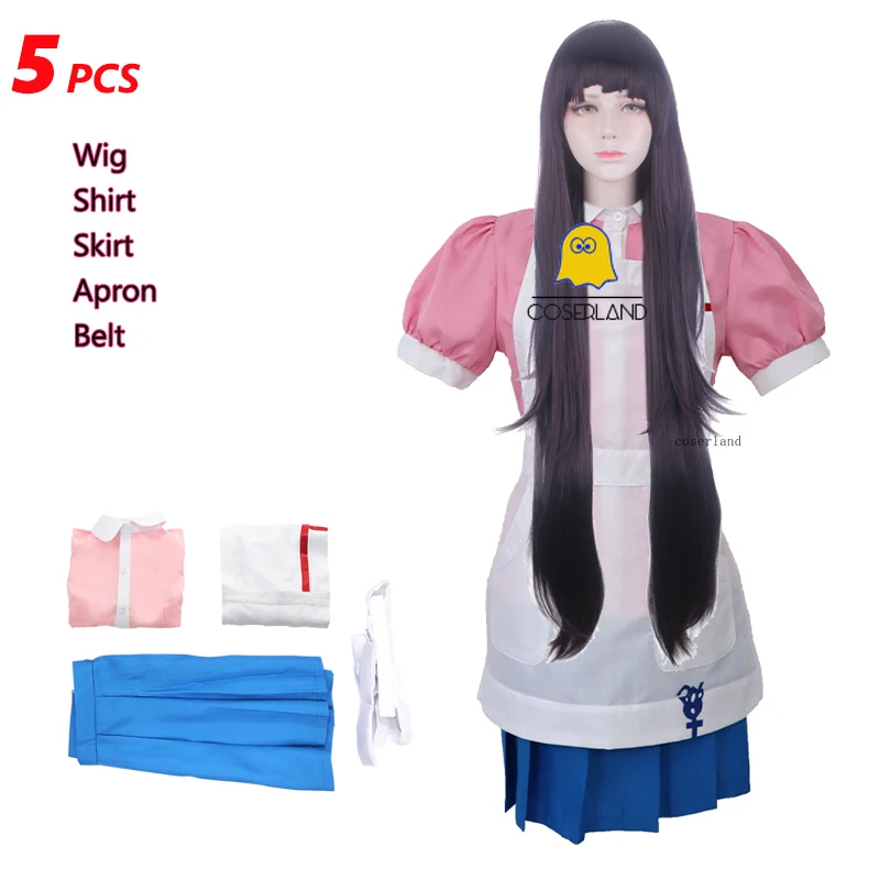 

Danganronpa 2 Goodbye Despair Mikan Tsumiki Cosplay Costume with Long Black Wig Blouse Skirt School Girl Lolita Maid Apron