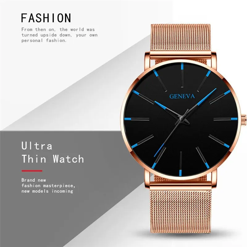 RoseBlue Geneva ультра тонкие мужские часы синяя указка досуг Кварцевые наручные часы из нержавеющей сетки ремешок Циферблат часы подарок Relogio Masculino - Цвет: RoseBlue