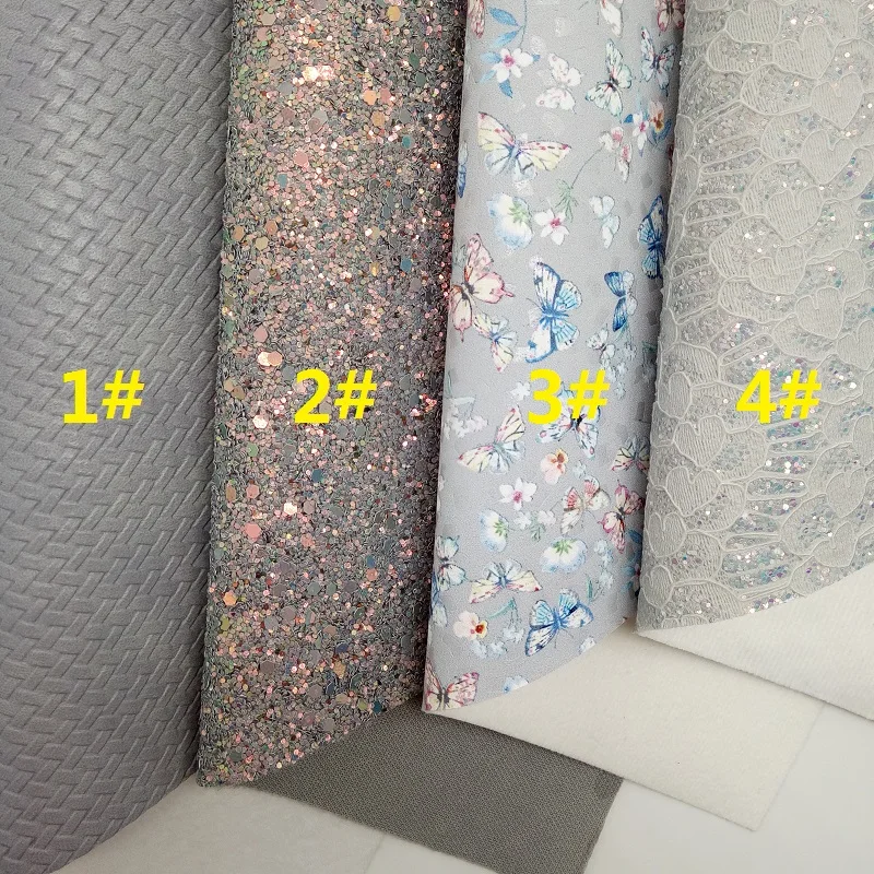 GREY Glitter Fabric Butterfly Printed Faux Synthetic Leather Sheets For Bow A4 21x29CM Twinkling Ming XM787 | Дом и сад