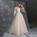 Прозрачные расклешенные одежда с длинным рукавом и аппликацией нарядное кружевное платье цвета шампань свадебное платье с завышенной талией; Соблазнительные туфли для невесты платья развертки поезд