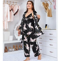 plus size 3pcs women stain pajamas set elegant silk like glossy bathrobe camisole and pants sleepwear ladies homewear loungewear