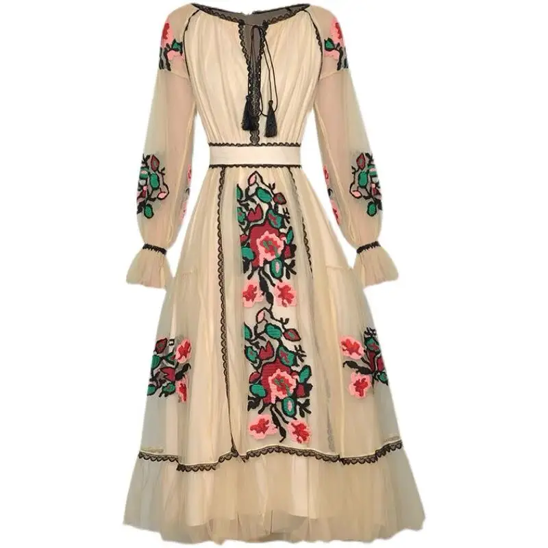 

Janeyiren Fashion Designer dress Autumn Women's Dress Lantern Sleeve Mesh Flowers Embroidery Vacation Vintage Midi Dresses