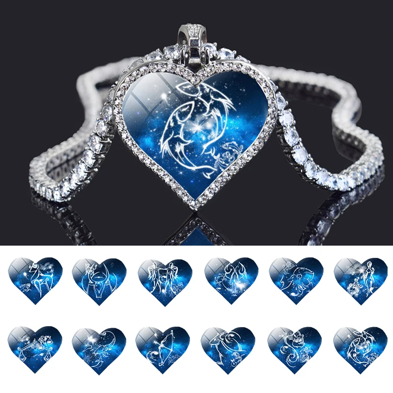 

Fashion 12 Constellation Necklace Glass Heart Pendant Cubic Zirconia Chain Silver Color Necklace Birthday Zodiac Jewelry Gift