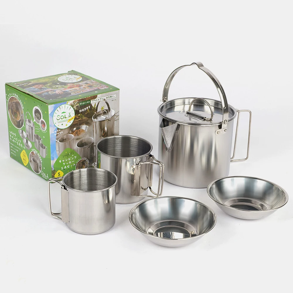 

Outdoor Stainless Steel Kettle Folding Hanging Pot 5-Piece Set Camping Cookware Supplies Bowl, Pot, Cup 5-Piece Set