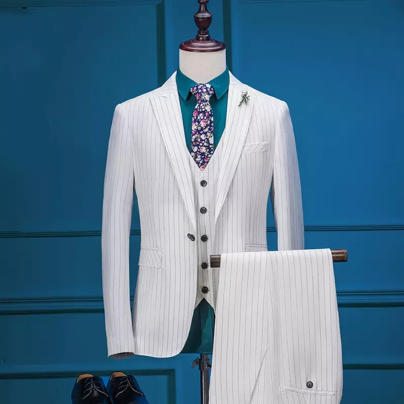 Новые смокинги для жениха в полоску Пиковые Мужские костюмы с отворотом