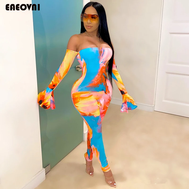 

Женский комбинезон с открытыми плечами, облегающий слитный комбинезон с длинным рукавом и цветным принтом, модель 2020 на лето