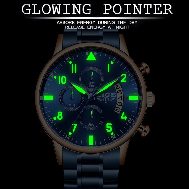 Часы наручные LIGE мужские с хронографом брендовые Роскошные водонепроницаемые