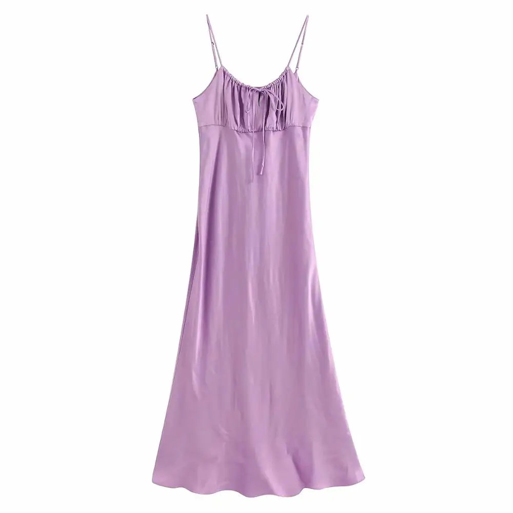 2020 Новая женская летняя обувь атласа лилового миди платье круглый вырез на