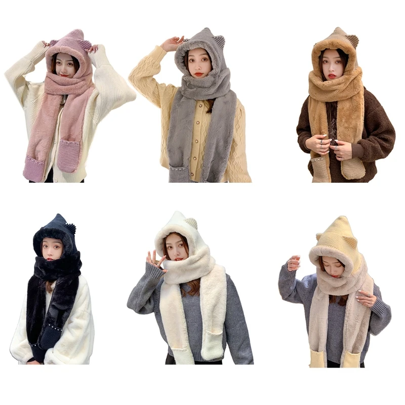 

3 In 1 Winter Warm Hooded Scarf Winter Women Plush Warm Scarf Hat Glove Set Lady