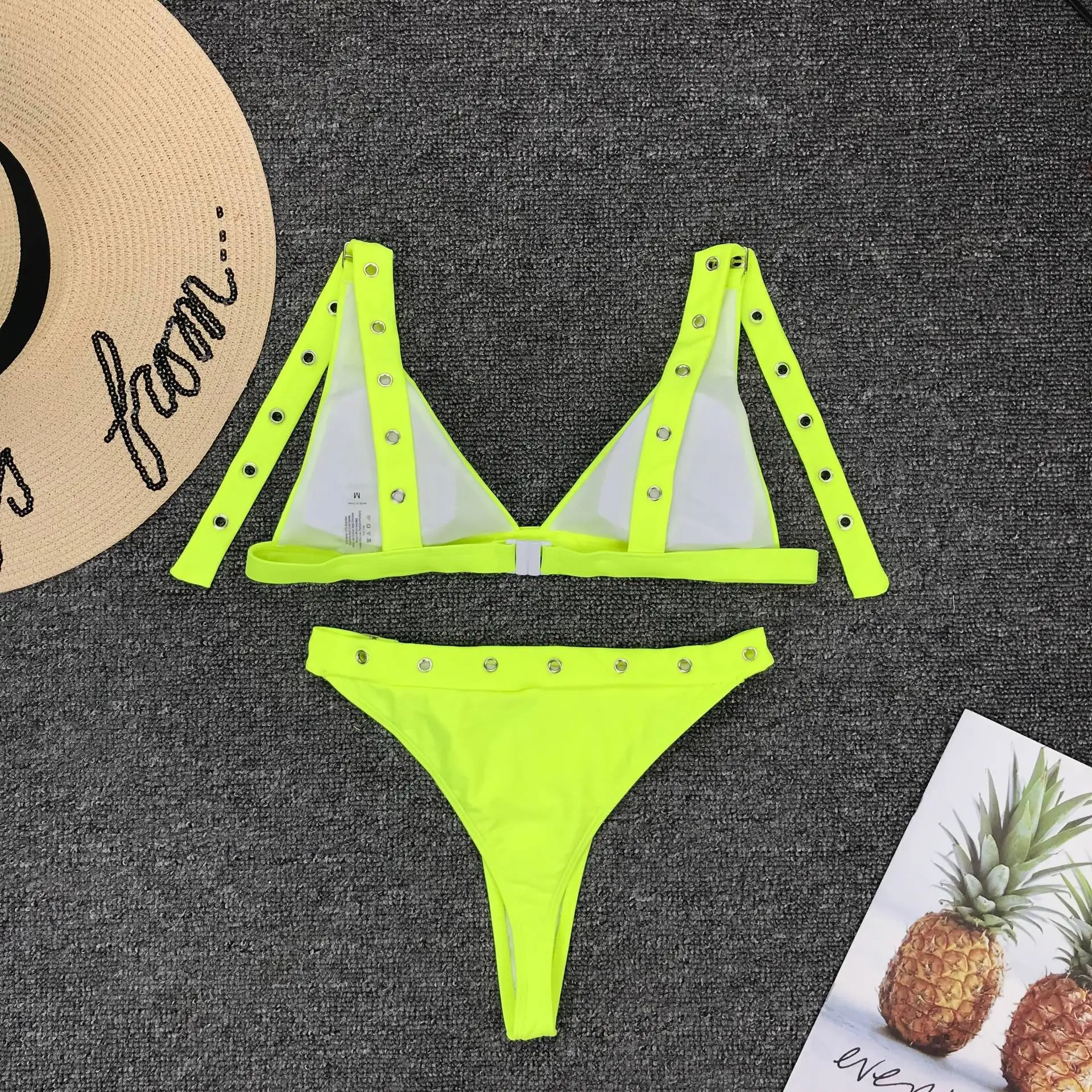 Неоново желтые стринги бикини микро купальник треугольный бюстгальтер пуш ап