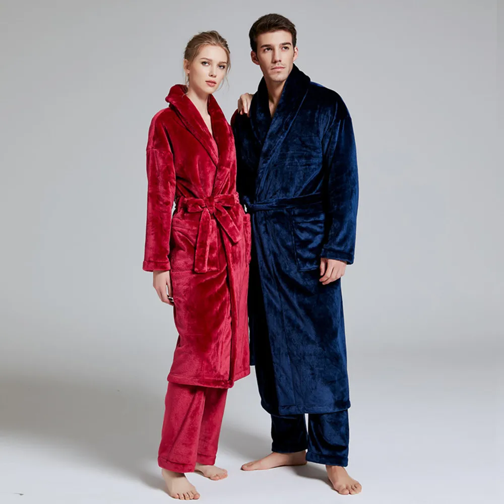 Men and Women Winter Pajama Suit Sets Nightgown Bathrobe with Long Pant Loungewear Set
