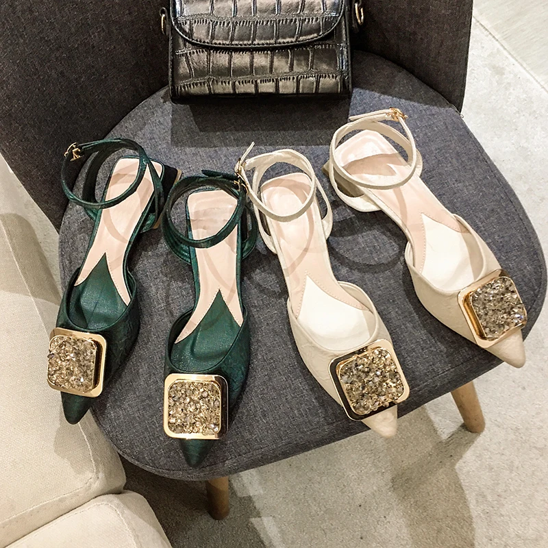 

Women's shoes sandals 2020 new spring pointed metal buckle rhinestone heels