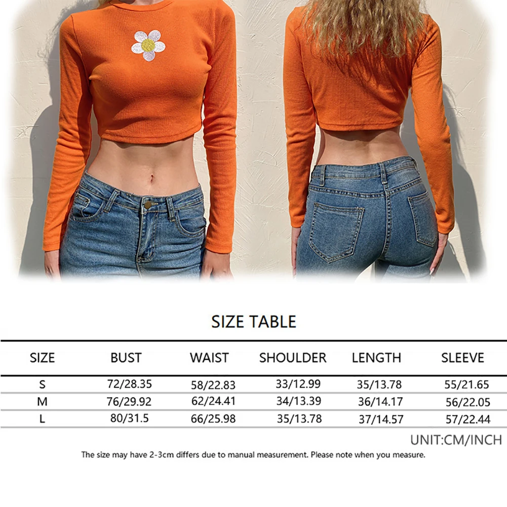 

2020 Floral Print Cute Autumn Long Sleeve Short T-shirt Women Orange Round Neck Casual Basic Street Jacket T-shirt Harajuku