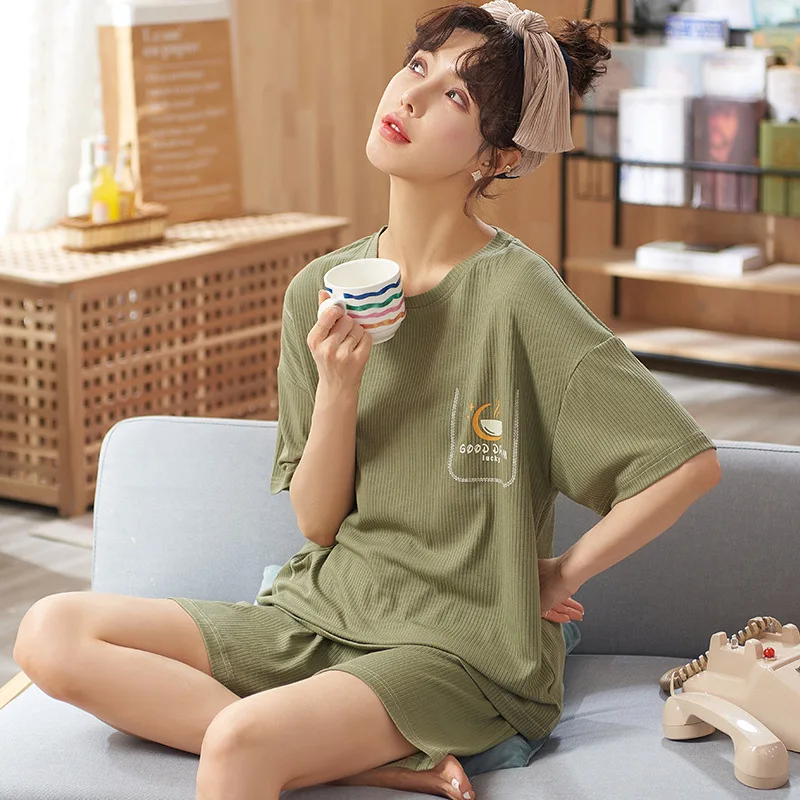 

Women Summer Fashion Leisure Cotton Deep Gray Sports Short Sleeve Sleepwear V-neck Split Fork Sexy Female Nightwear Pajamas Sets