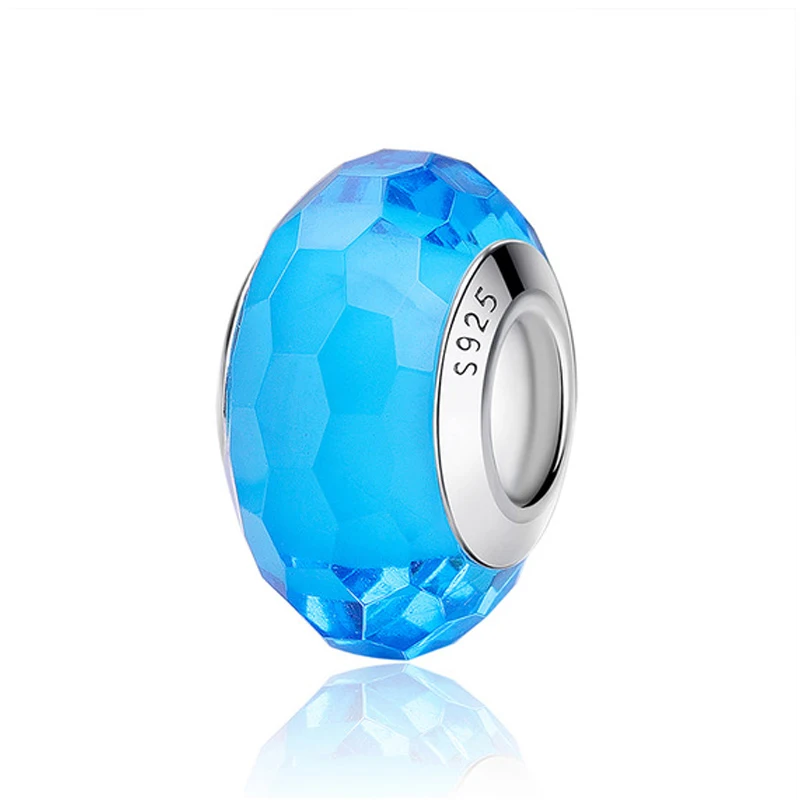 Facted Light Blue 925 пробы, серебряные стеклянные бусины, шармы, подходят для браслетов Pandora, Радужное граненое муранское стекло, шарм, сделай сам, изготовление ювелирных изделий - Цвет: Facted Light Blue