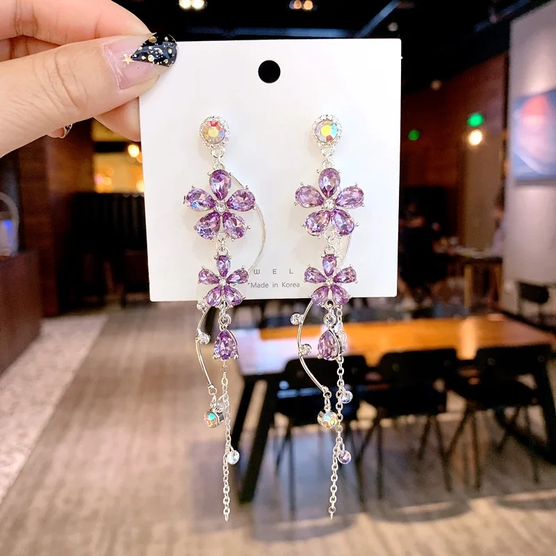 

MENGJIQIAO New Korean Elegant Purple Flower Crystal Long Drop Earrings For Women Elegant Temperament Oorbellen Party Jewelry