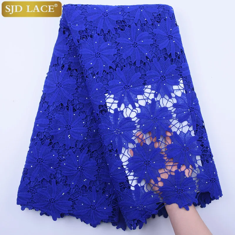 

SJD LACE African Lace Fabrics Water Souble Blue Guipure Lace With Rhinestones Nigeria Fabric Lace For Party Dress A1831