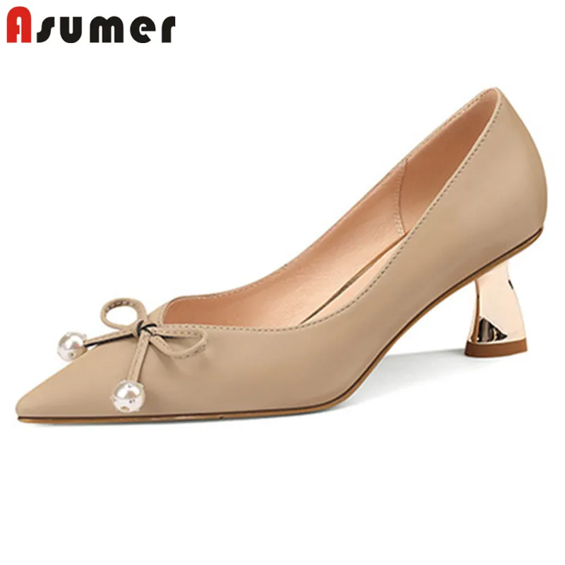 

ASUMER 2022 New Arrive Women Pumps Solid Colors Pointed Toe Bowknot Pearl Slip On High Heels Genuine Leather Shoes Woman